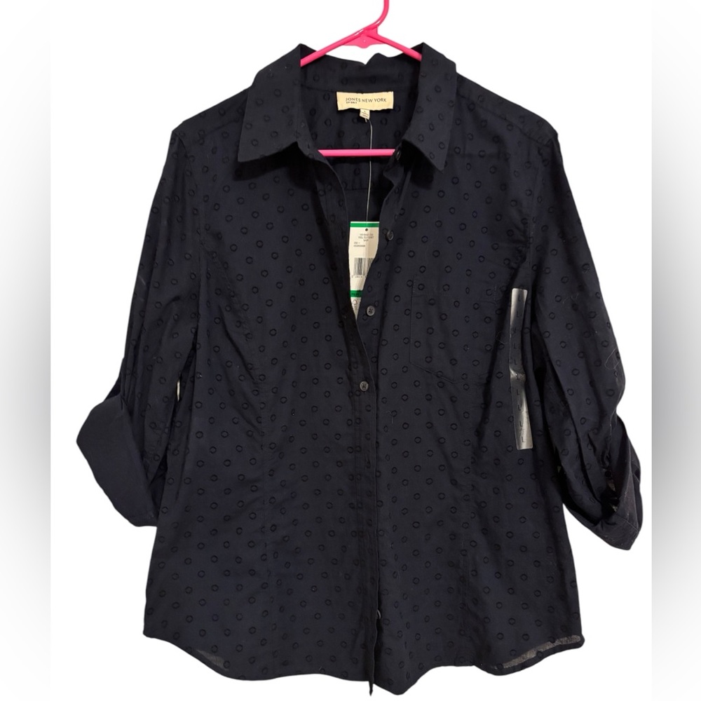 JONES NEW YORK Women Cotton Navy Blue Minimalist Long Sleeve Button Down Shirt